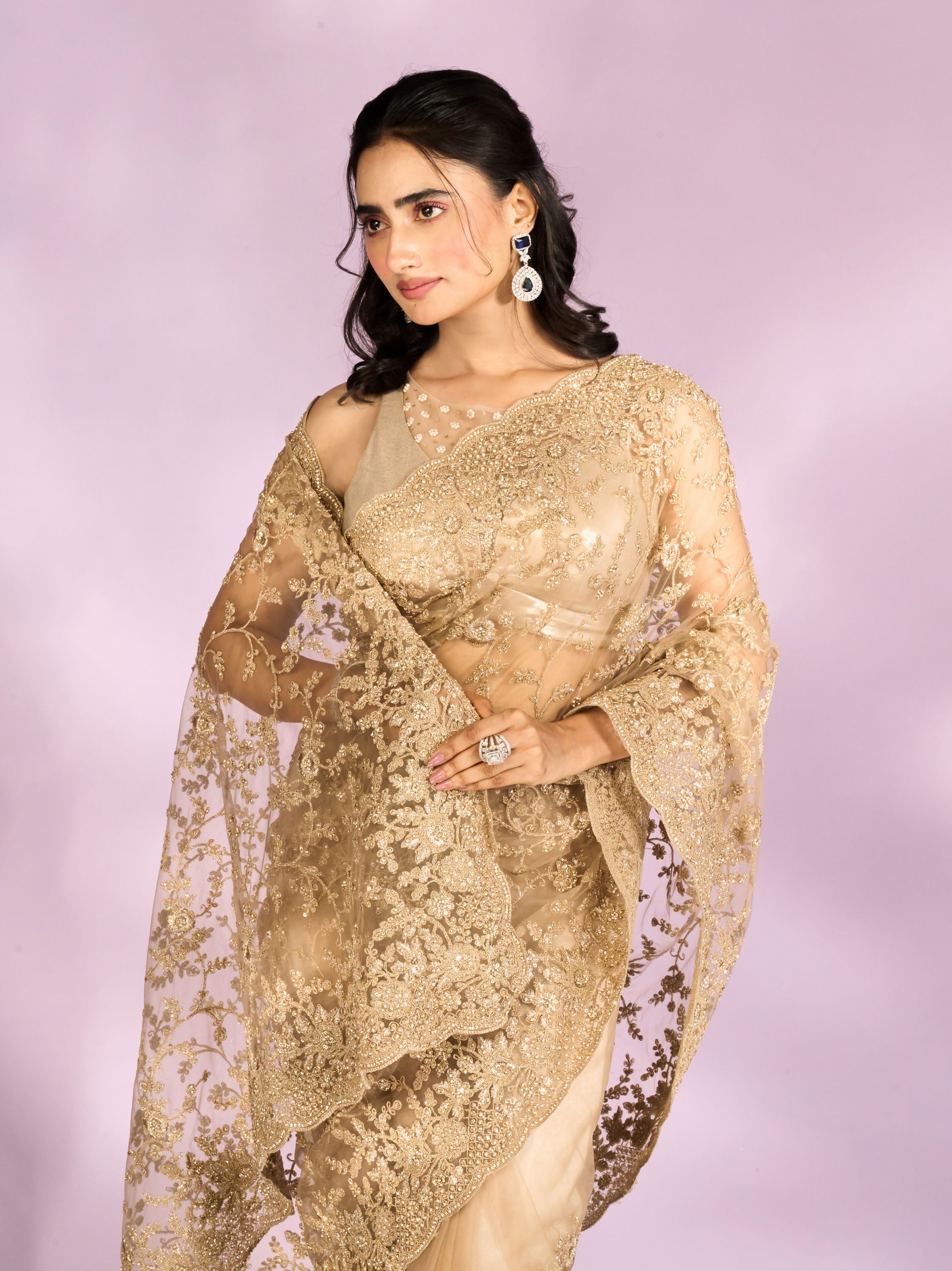 Mohey Women Beige Euphoria Net Saree