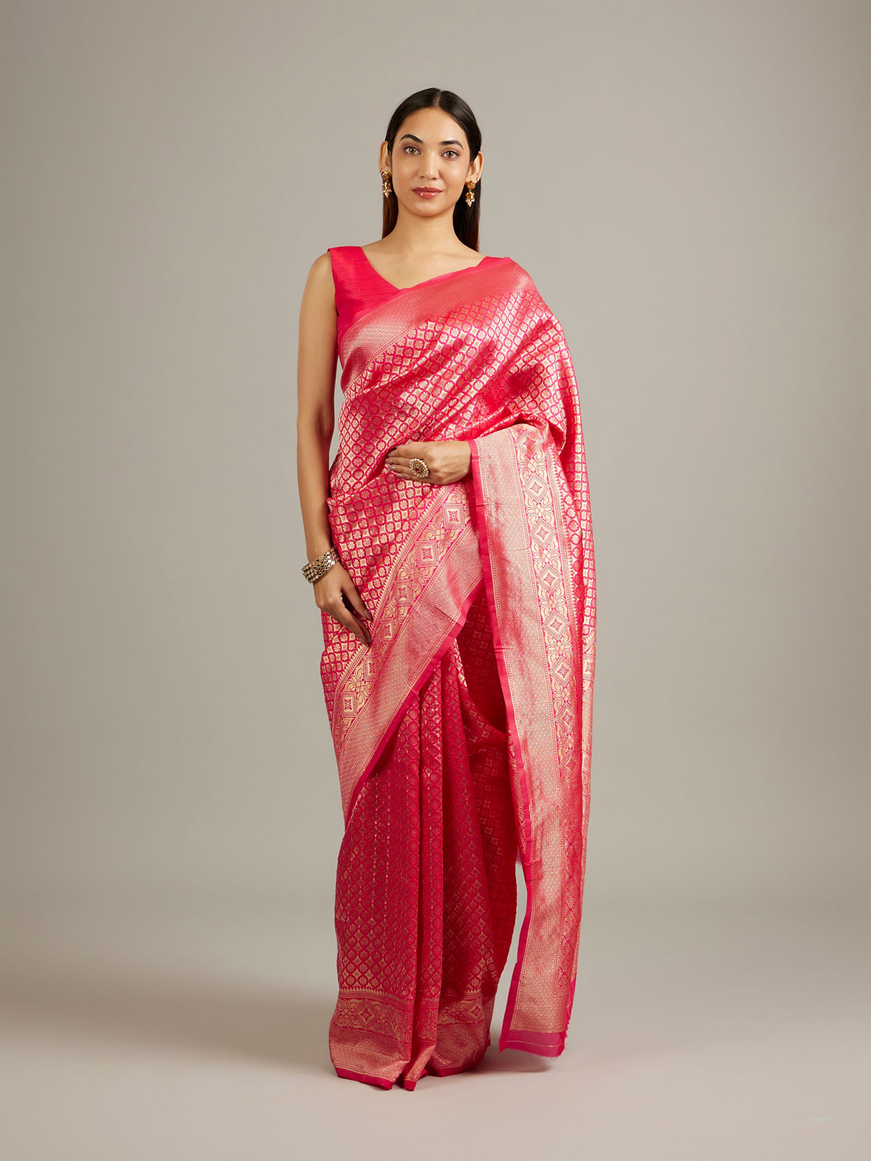 Mohey Women Rani Pink Floral Buta Patterned Saree with Intricate Borders