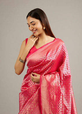 Mohey Women Rani Pink Floral Buta Patterned Saree with Intricate Borders