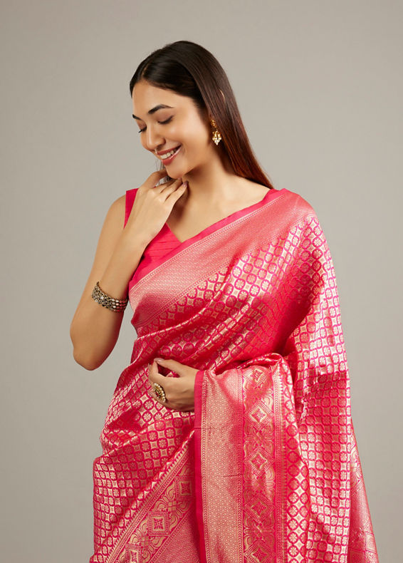 Mohey Women Rani Pink Floral Buta Patterned Saree with Intricate Borders