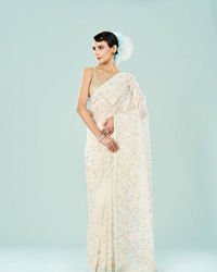 Mohey Women Elegant Cream Organza Saree