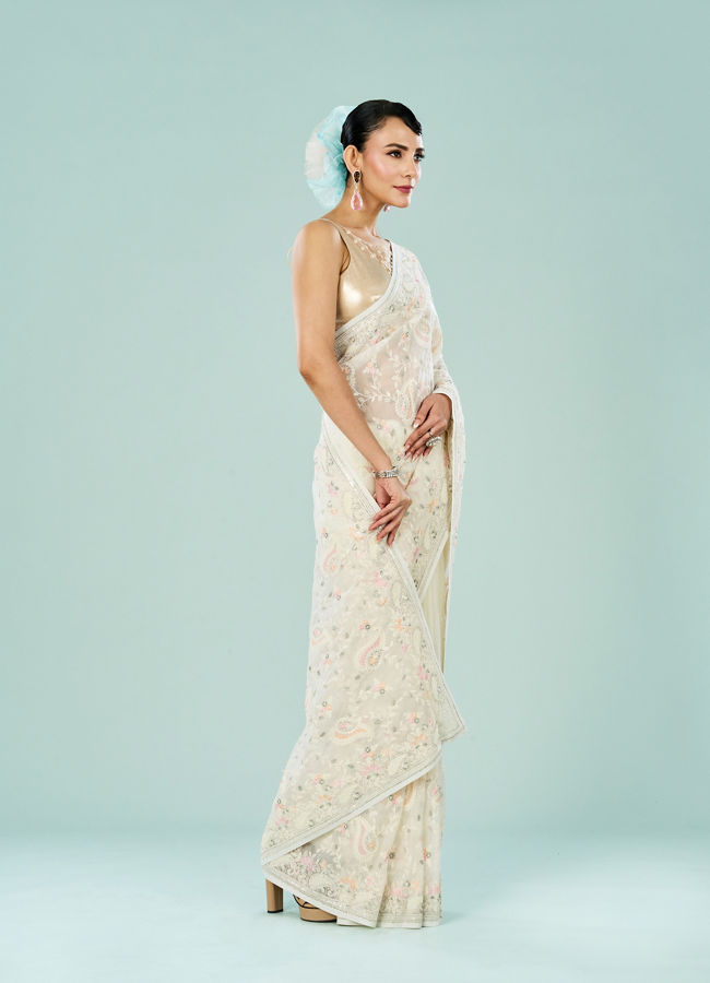 Mohey Women Elegant Cream Organza Saree