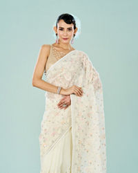 Mohey Women Elegant Cream Organza Saree