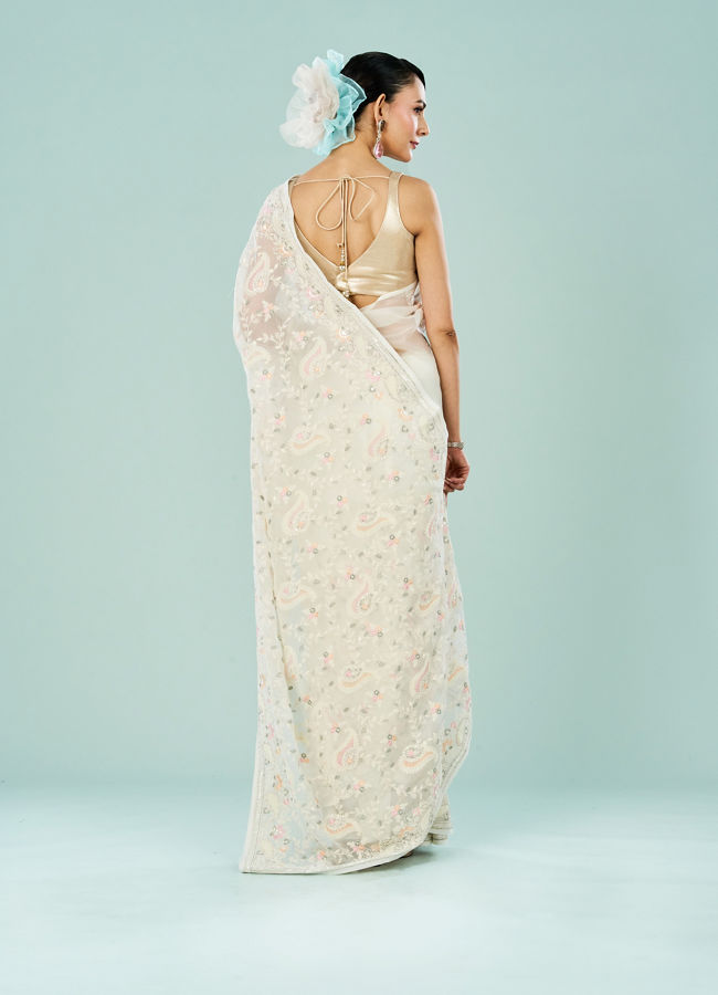 Mohey Women Elegant Cream Organza Saree