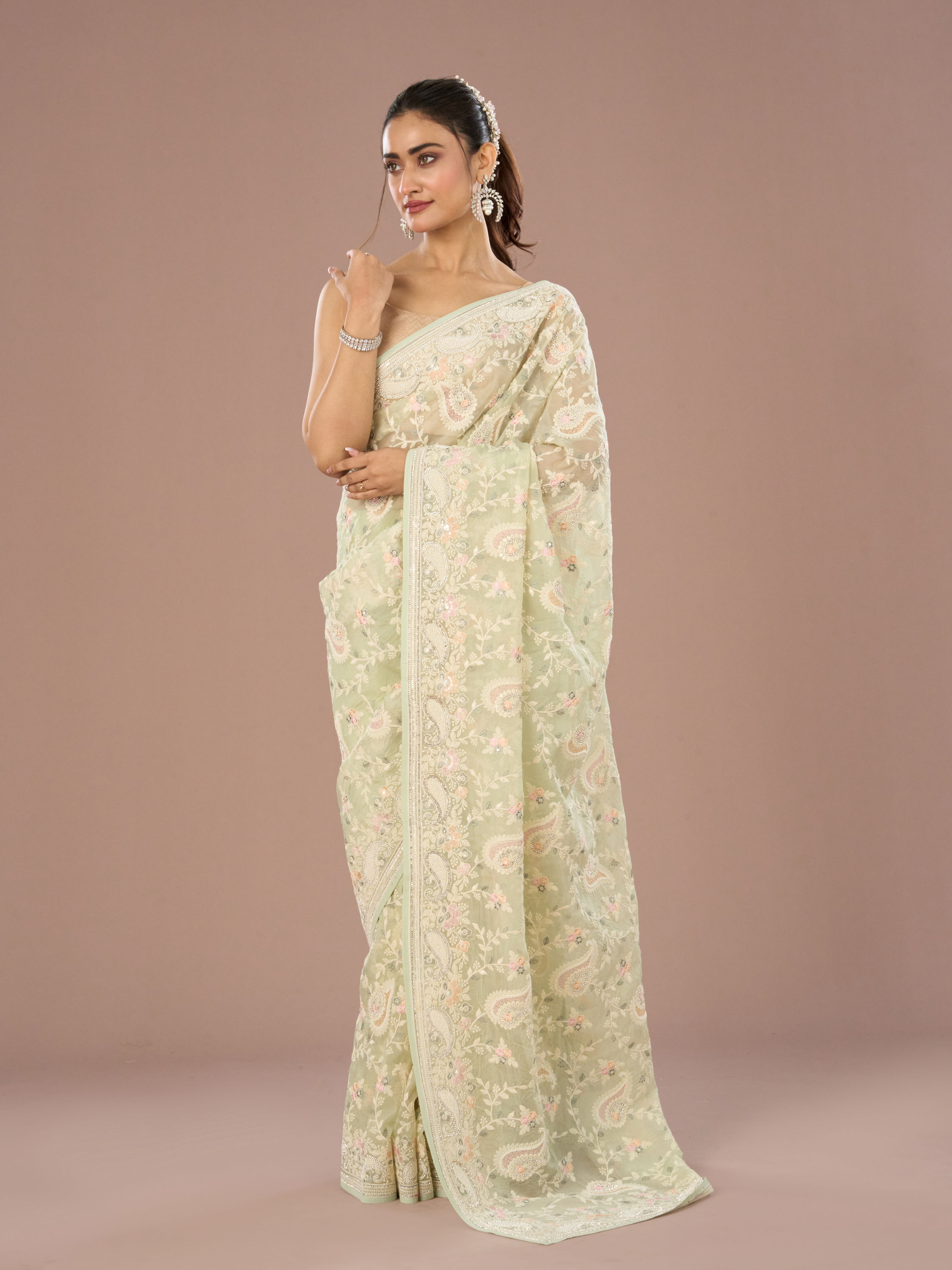 Mohey Women Enchanting Pista Green Saree