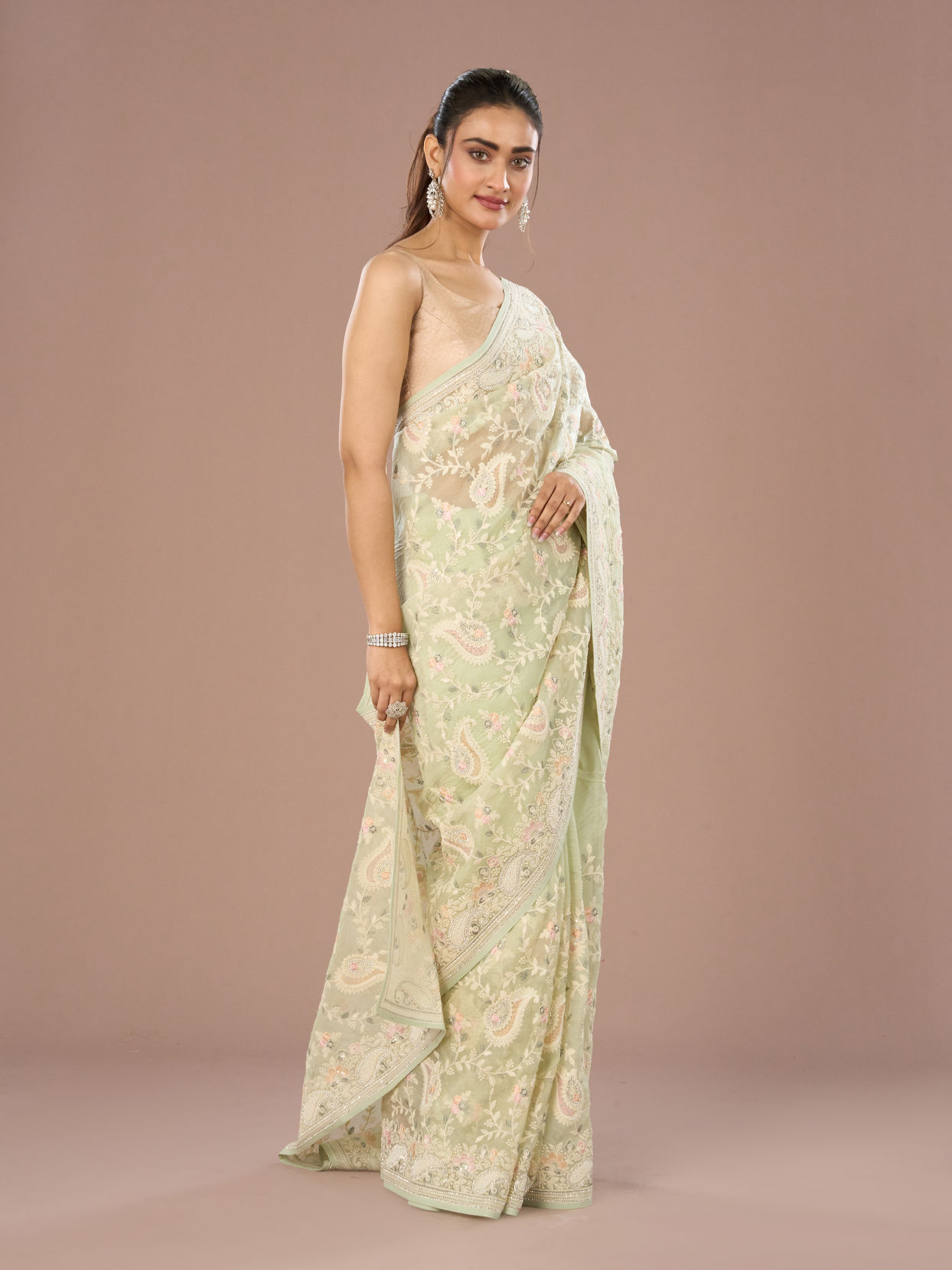 Mohey Women Enchanting Pista Green Saree