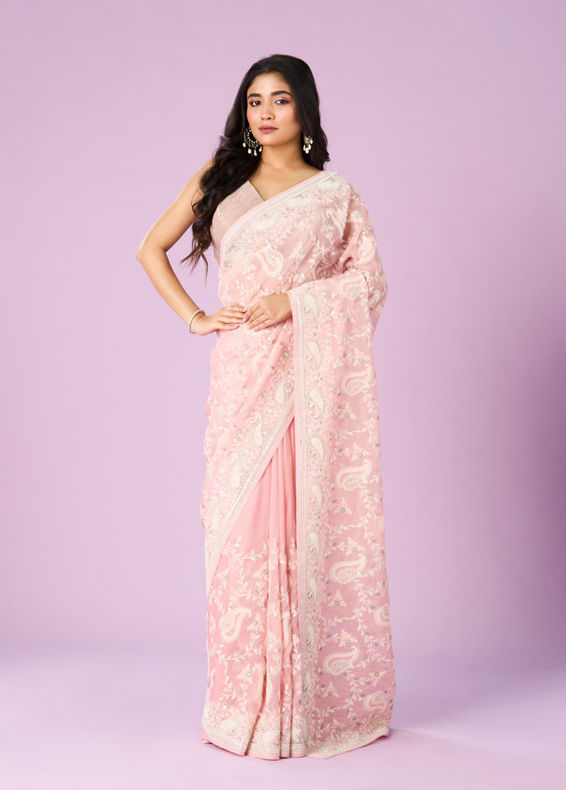 Mohey Women Enchanting Pink Organza Saree