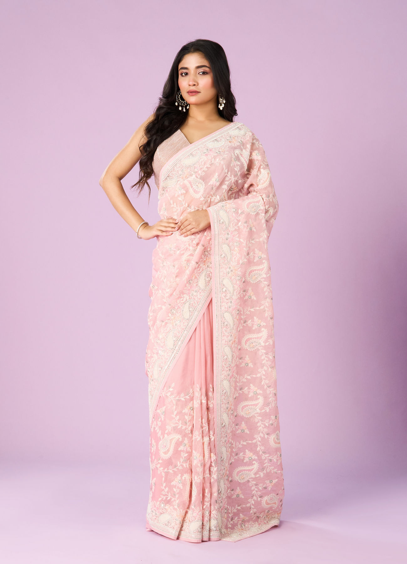 Mohey Women Enchanting Pink Organza Saree