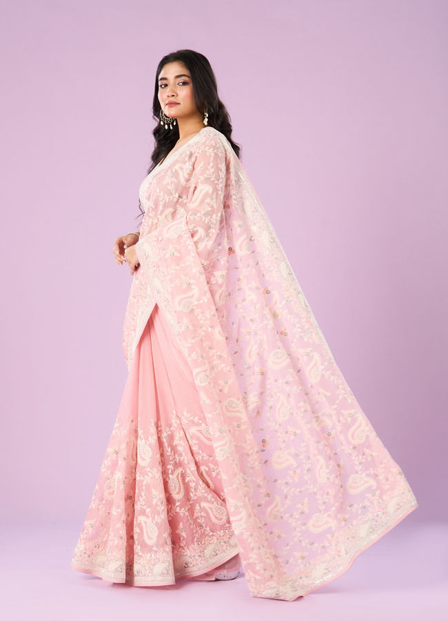 Mohey Women Enchanting Pink Organza Saree