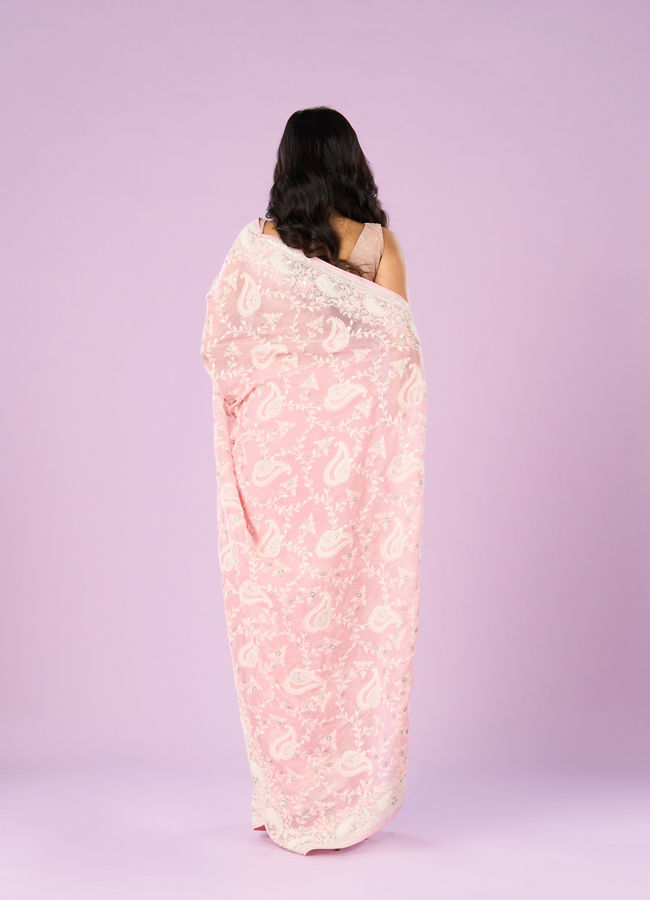 Mohey Women Enchanting Pink Organza Saree