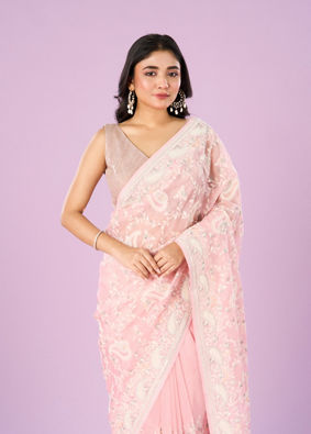 Mohey Women Enchanting Pink Organza Saree
