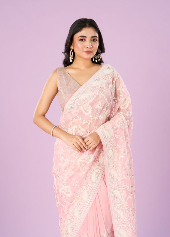 Mohey Women Enchanting Pink Organza Saree
