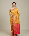 Mohey Women Mustard Yellow Striped Patterned Saree with Floral Motifs on the Border