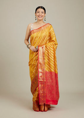 Mohey Women Mustard Yellow Striped Patterned Saree with Floral Motifs on the Border