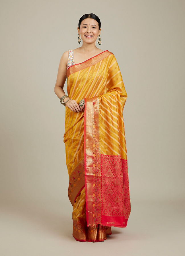 Mohey Women Mustard Yellow Striped Patterned Saree with Floral Motifs on the Border