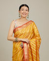 Mohey Women Mustard Yellow Striped Patterned Saree with Floral Motifs on the Border