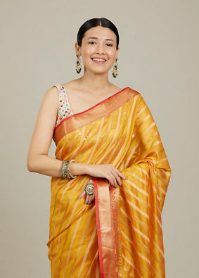 Mohey Women Mustard Yellow Striped Patterned Saree with Floral Motifs on the Border