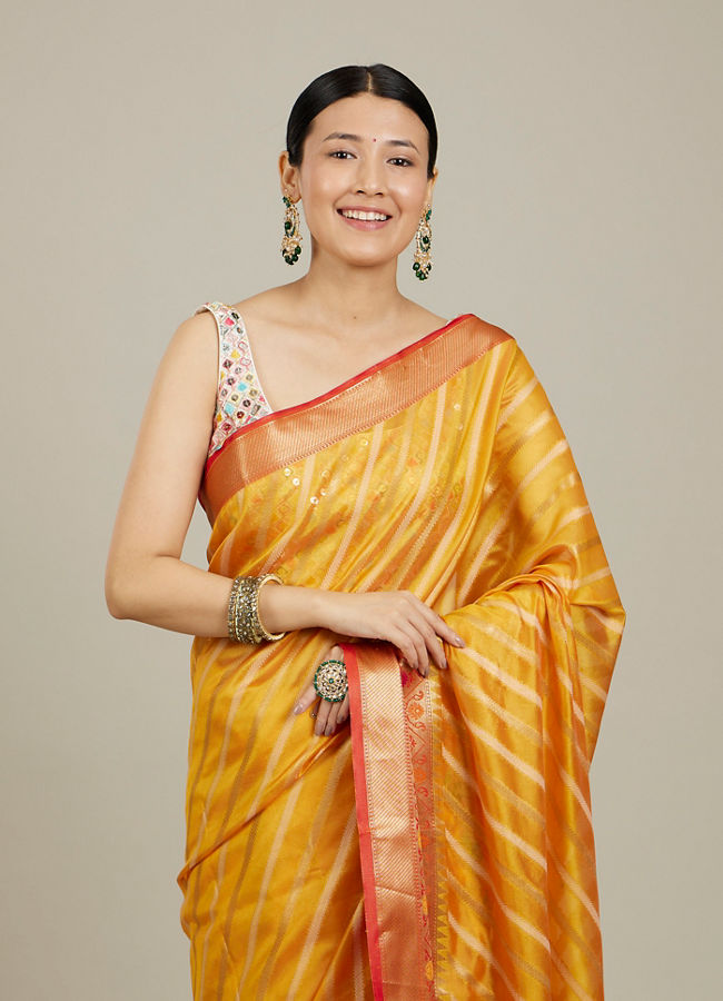 Mohey Women Mustard Yellow Striped Patterned Saree with Floral Motifs on the Border
