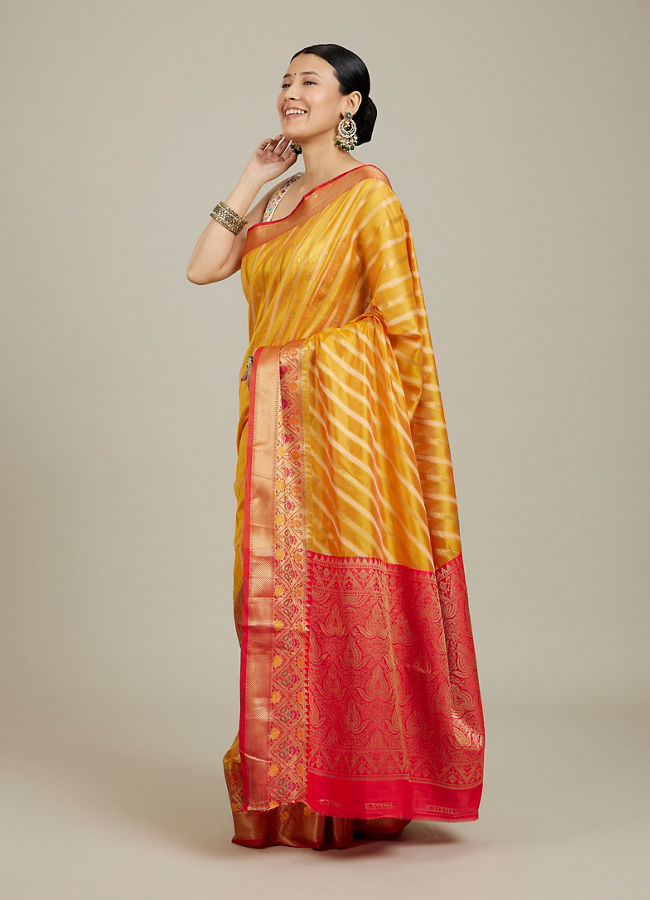 Mohey Women Mustard Yellow Striped Patterned Saree with Floral Motifs