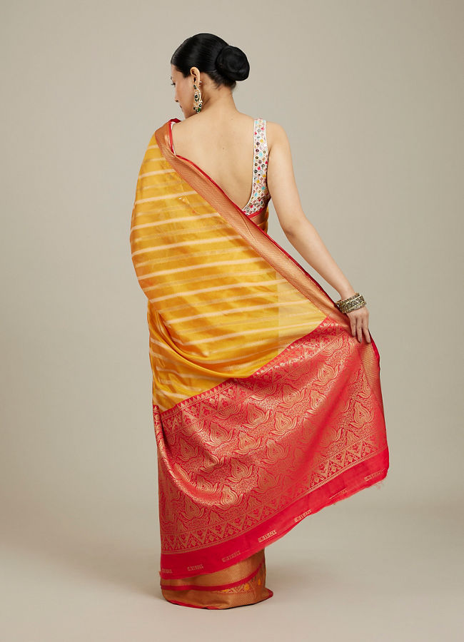 Mohey Women Mustard Yellow Striped Patterned Saree with Floral Motifs