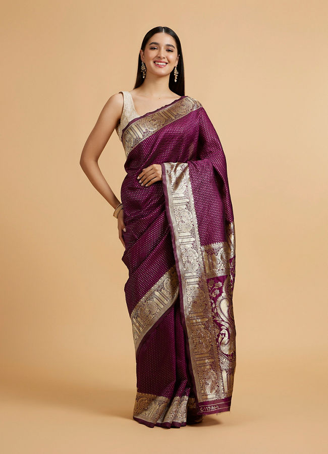 Mohey Women Wine Red Dotted Patterned Saree with Peacock Zari Motifs on the Border