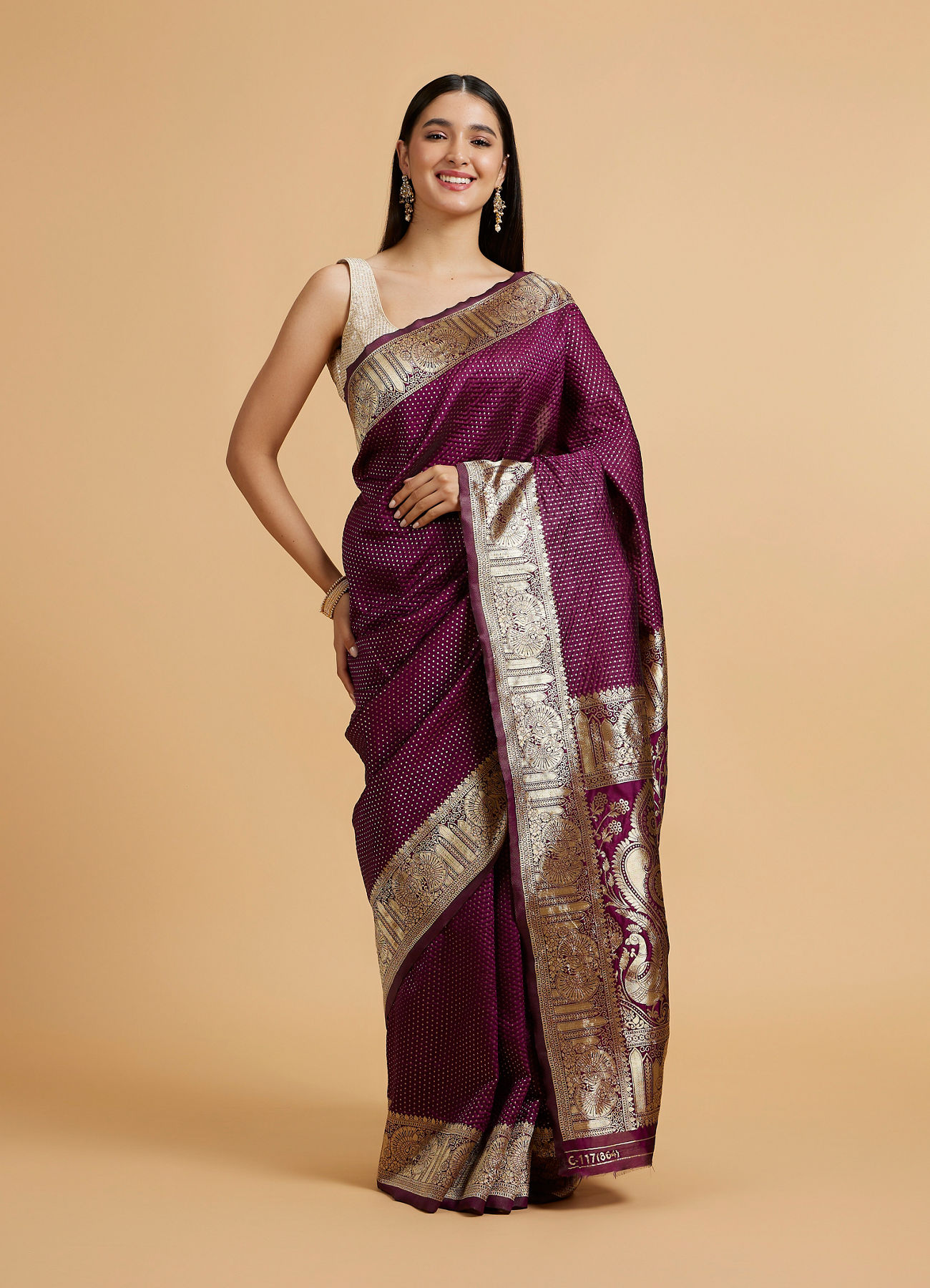 Mohey Women Wine Red Dotted Patterned Saree with Peacock Zari Motifs on the Border
