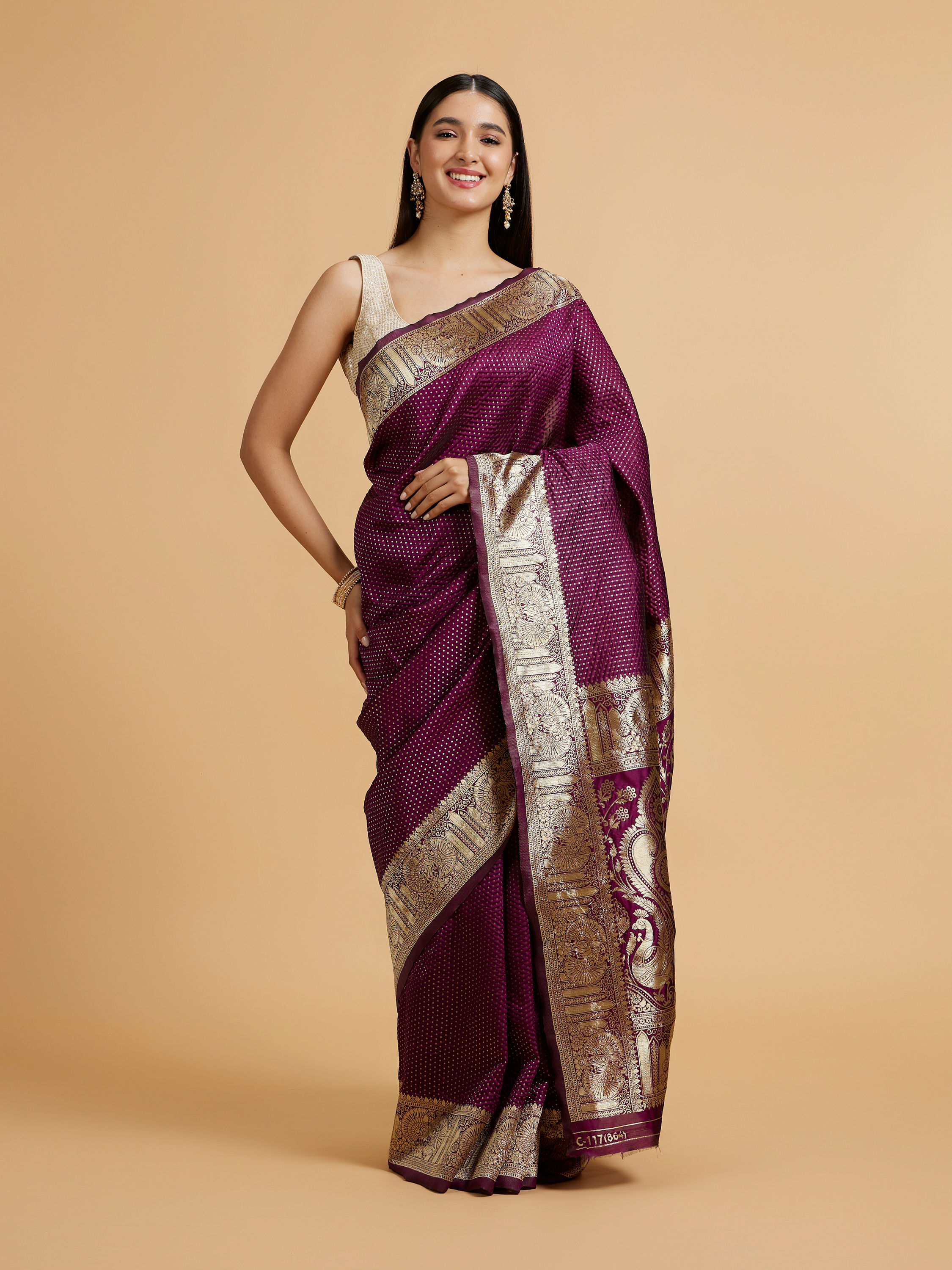 Mohey Women Wine Red Dotted Patterned Saree with Peacock Zari Motifs on the Border