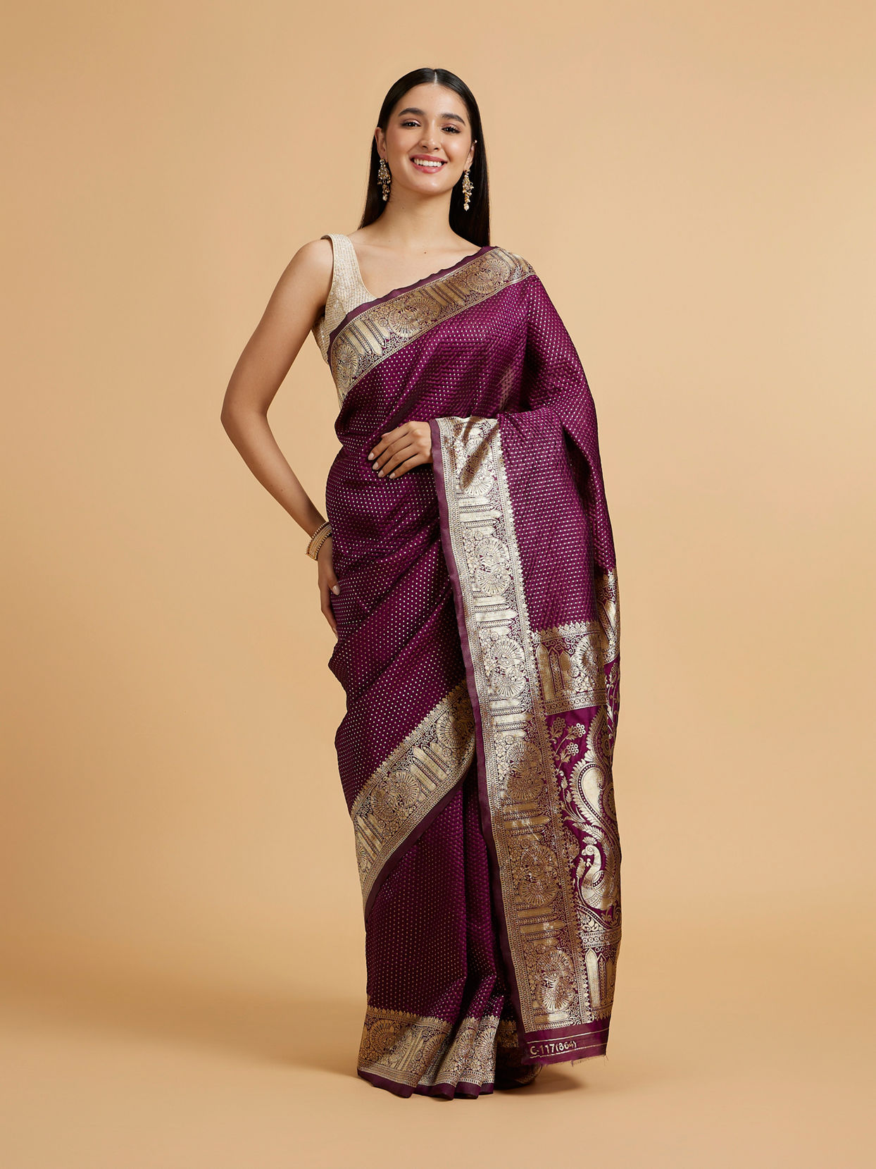 Mohey Women Wine Red Dotted Patterned Saree with Peacock Zari Motifs on the Border