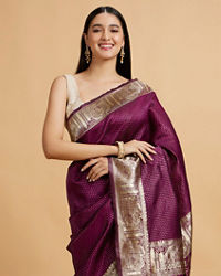 Mohey Women Wine Red Dotted Patterned Saree with Peacock Zari Motifs on the Border