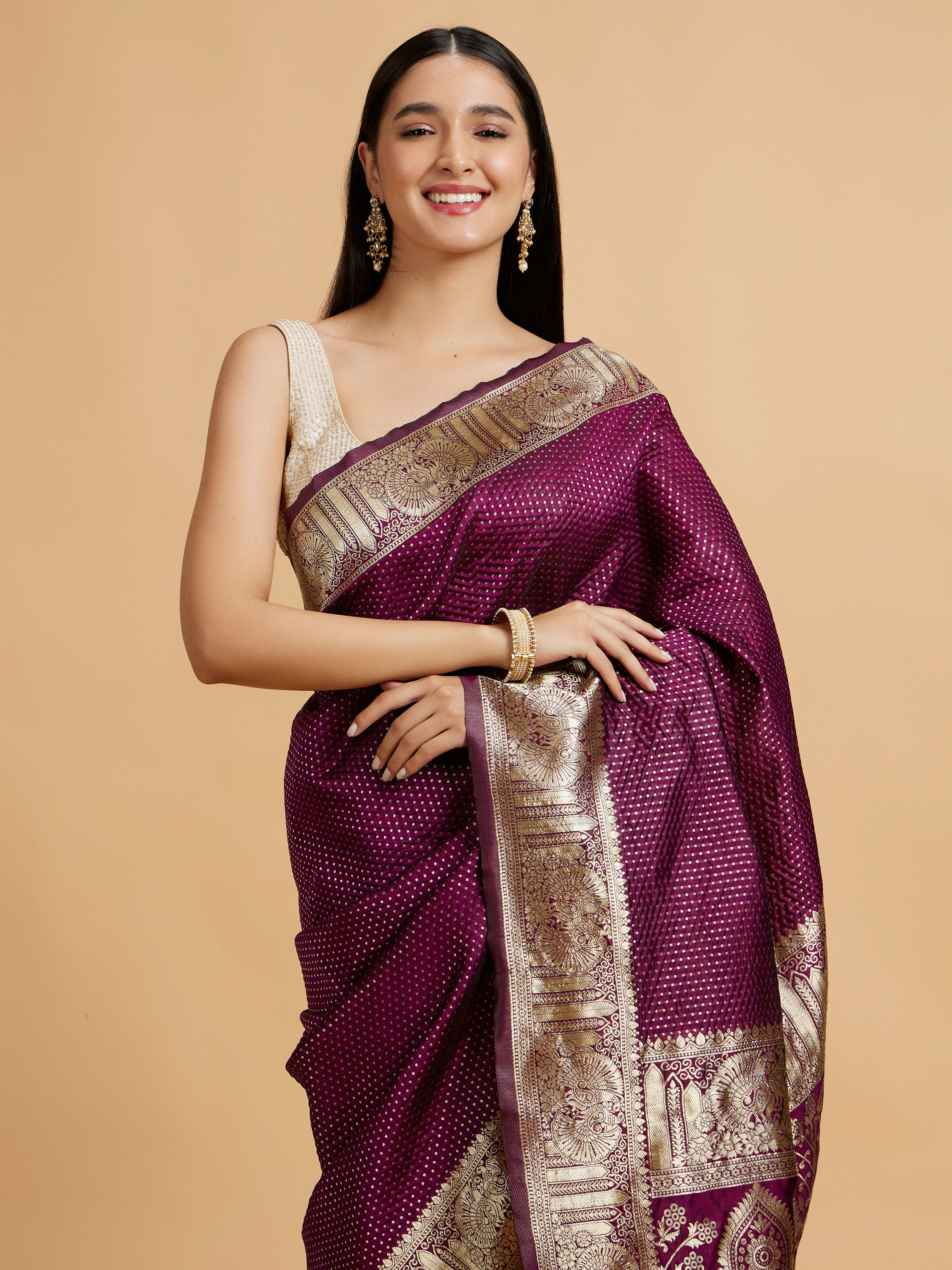 Mohey Women Wine Red Dotted Patterned Saree with Peacock Zari Motifs on the Border