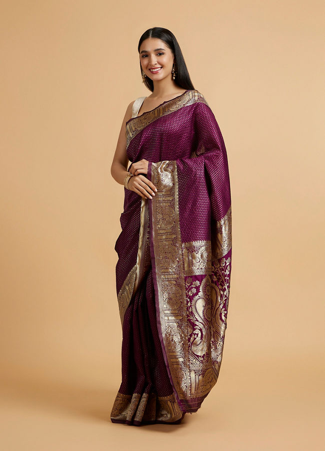 Mohey Women Wine Red Dotted Patterned Saree with Peacock Zari Motifs on the Border