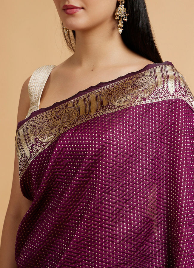 Mohey Women Wine Red Dotted Patterned Saree with Peacock Zari Motifs on the Border