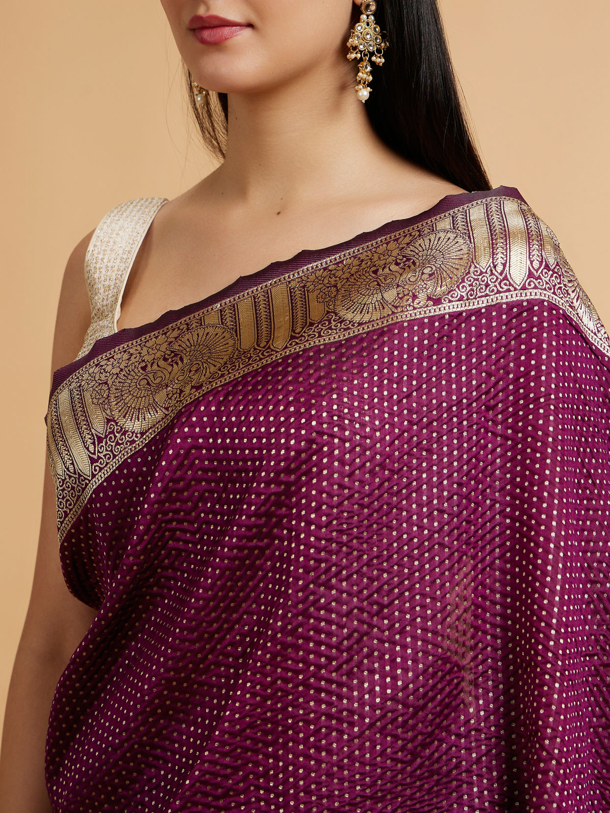 Mohey Women Wine Red Dotted Patterned Saree with Peacock Zari Motifs on the Border