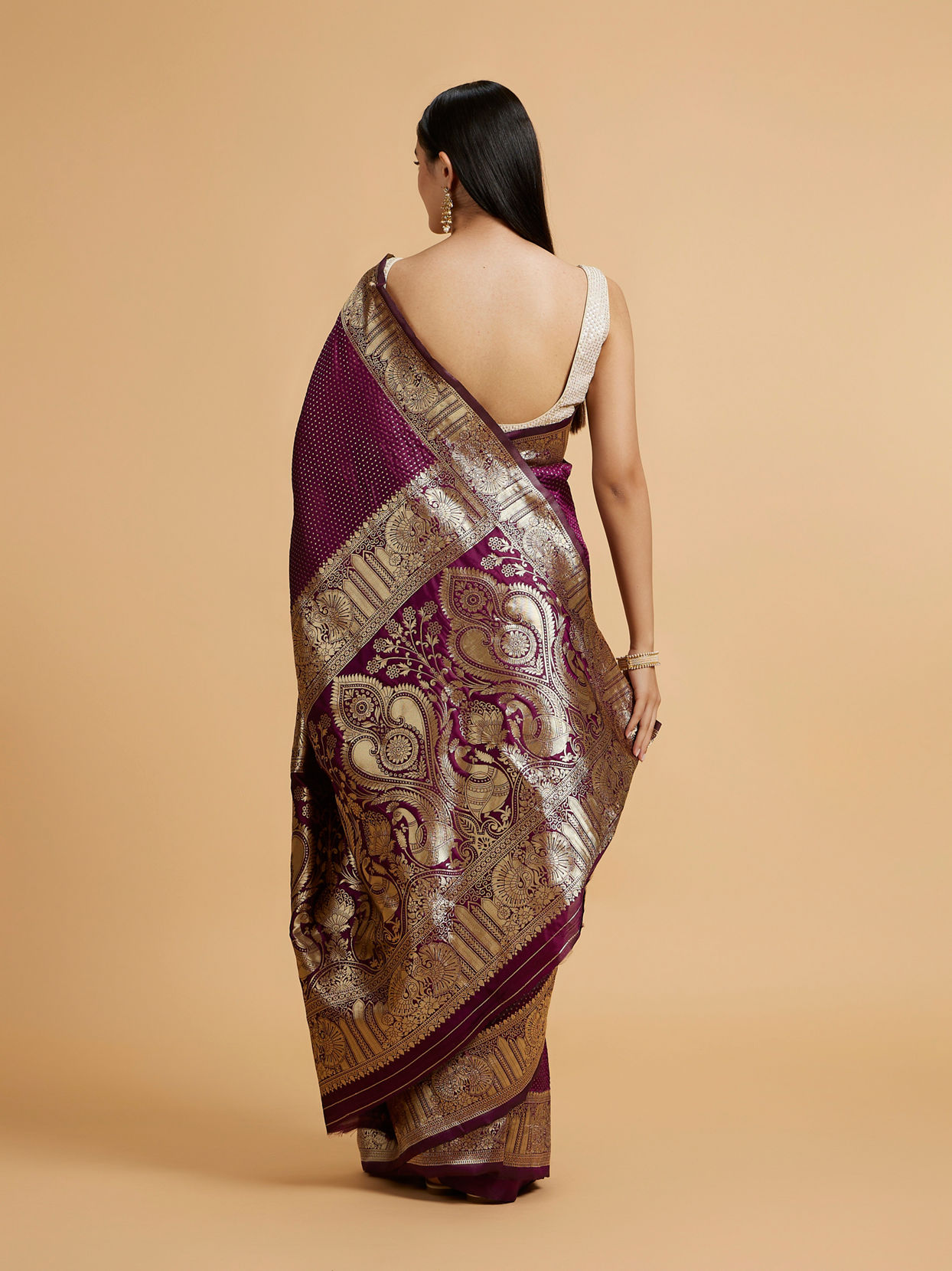 Mohey Women Wine Red Dotted Patterned Saree with Peacock Zari Motifs on the Border