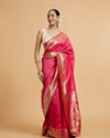 Rani Pink Dotted Patterned Saree with Peacock Zari Motifs on the Border