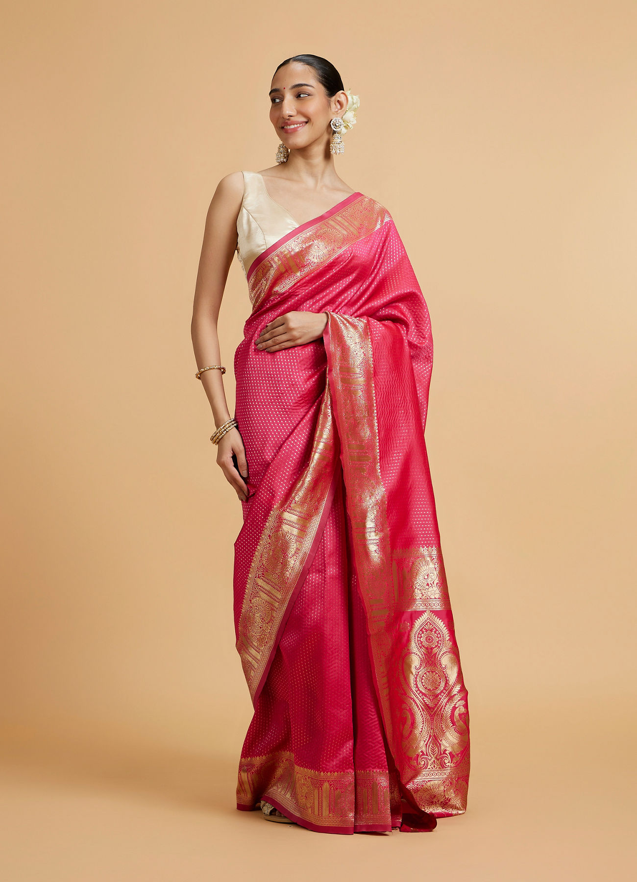 Mohey Women Rani Pink Dotted Patterned Saree with Peacock Zari Motifs on the Border