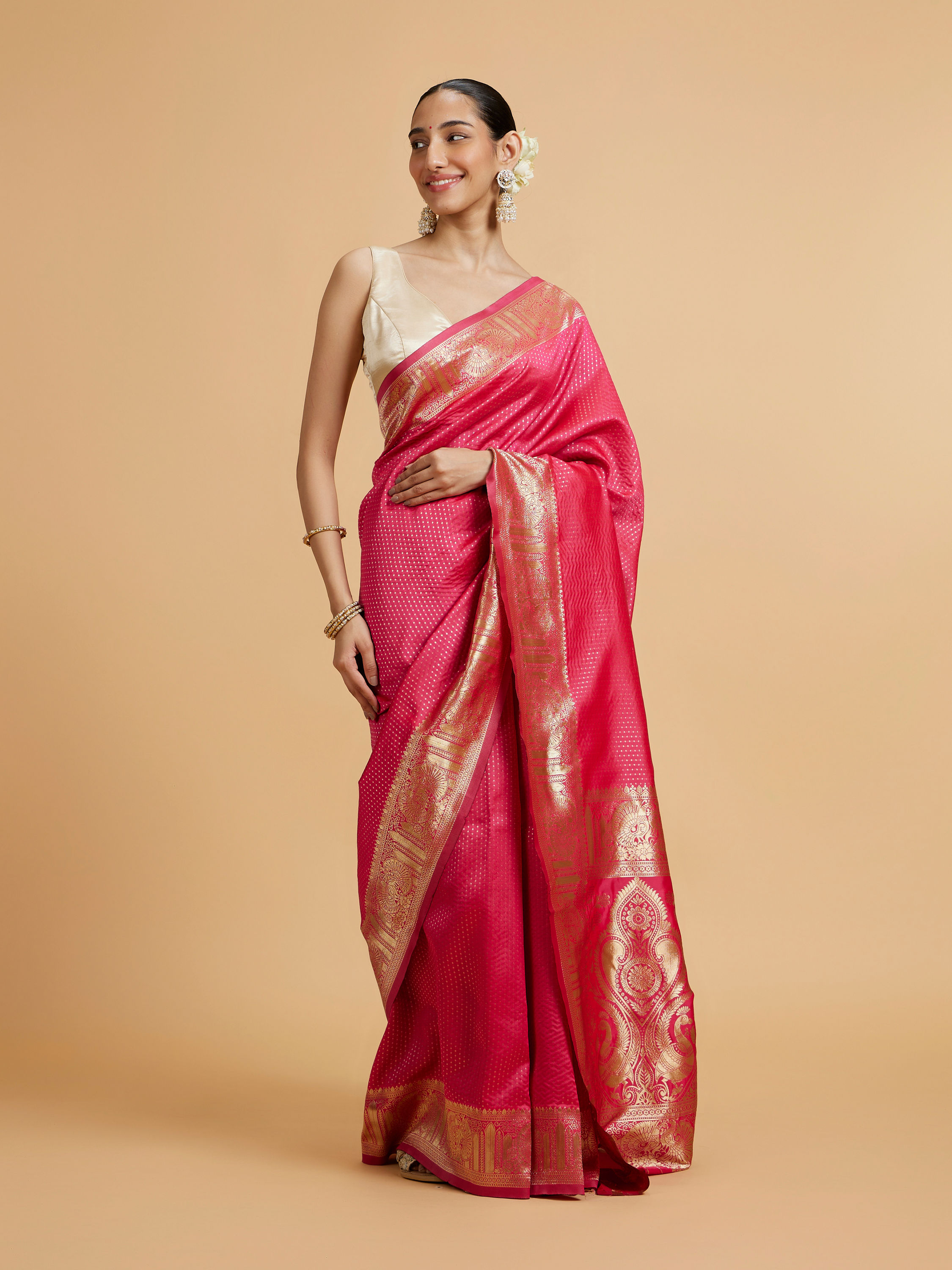 Mohey Women Rani Pink Dotted Patterned Saree with Peacock Zari Motifs on the Border