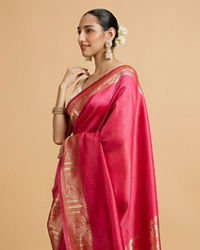 Mohey Women Rani Pink Dotted Patterned Saree with Peacock Zari Motifs on the Border