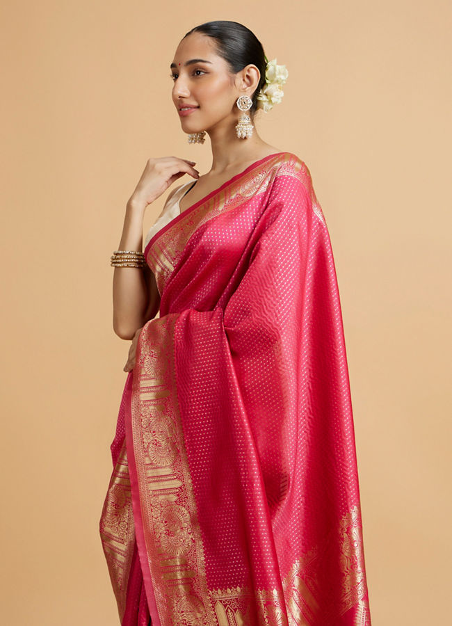 Mohey Women Rani Pink Dotted Patterned Saree with Peacock Zari Motifs on the Border
