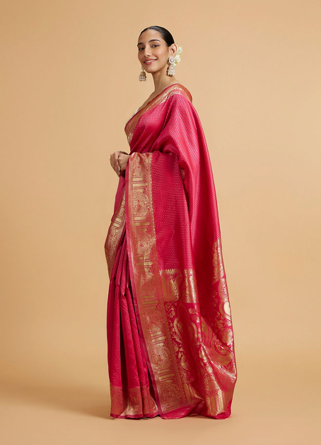 Mohey Women Rani Pink Dotted Patterned Saree with Peacock Zari Motifs on the Border