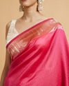Mohey Women Rani Pink Dotted Patterned Saree with Peacock Zari Motifs on the Border