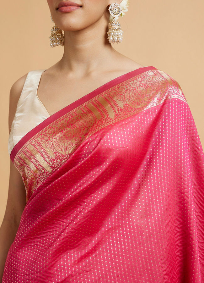 Mohey Women Rani Pink Dotted Patterned Saree with Peacock Zari Motifs on the Border