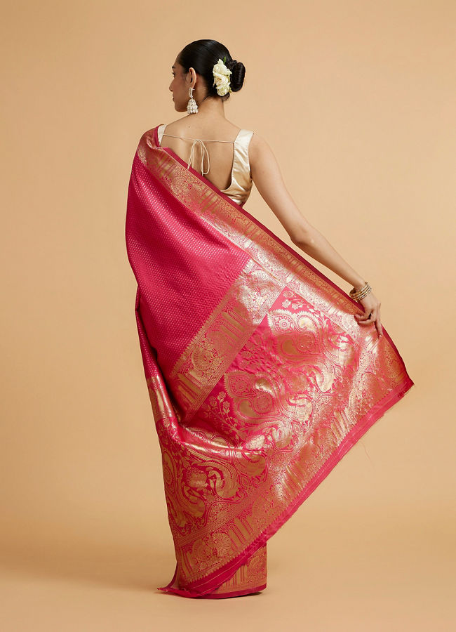 Mohey Women Rani Pink Dotted Patterned Saree with Peacock Zari Motifs on the Border