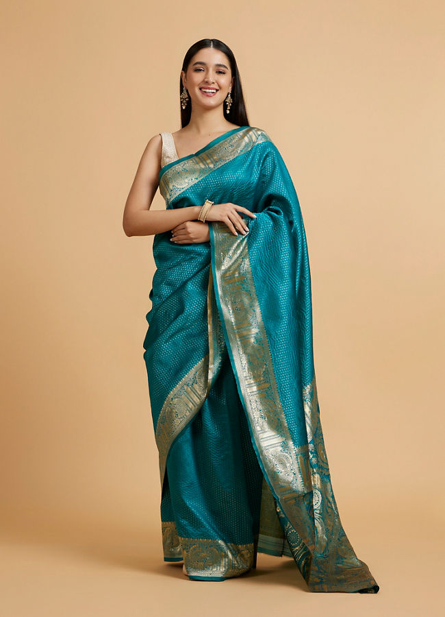 Mohey Women Rama Green Dotted Patterned Saree with Peacock Zari Motifs on the Border
