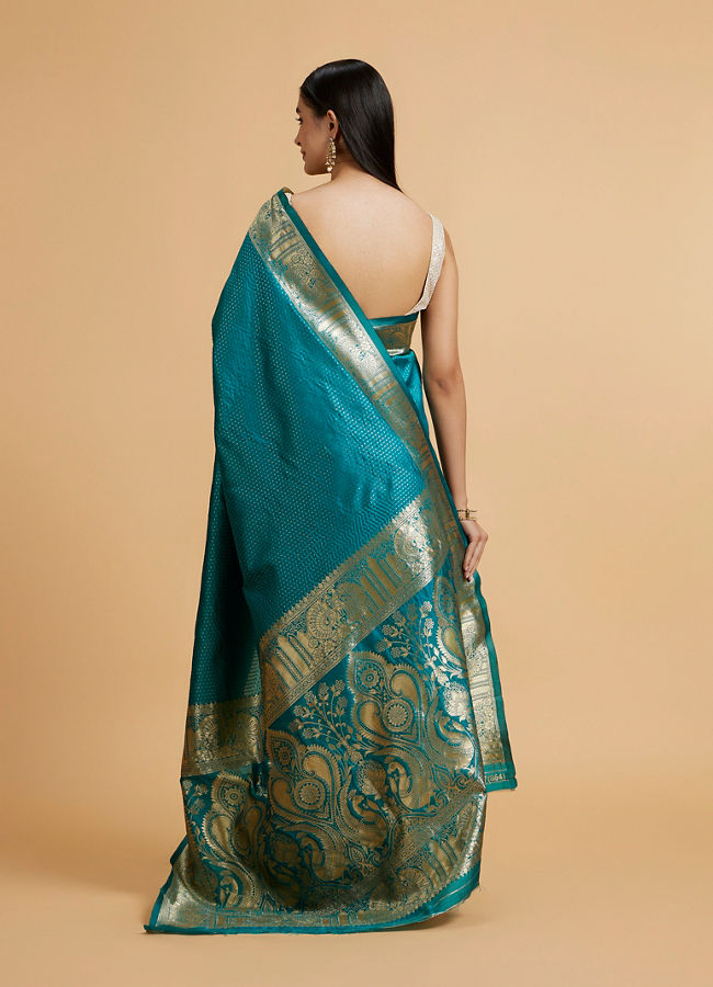 Mohey Women Rama Green Dotted Patterned Saree with Peacock Zari Motifs on the Border