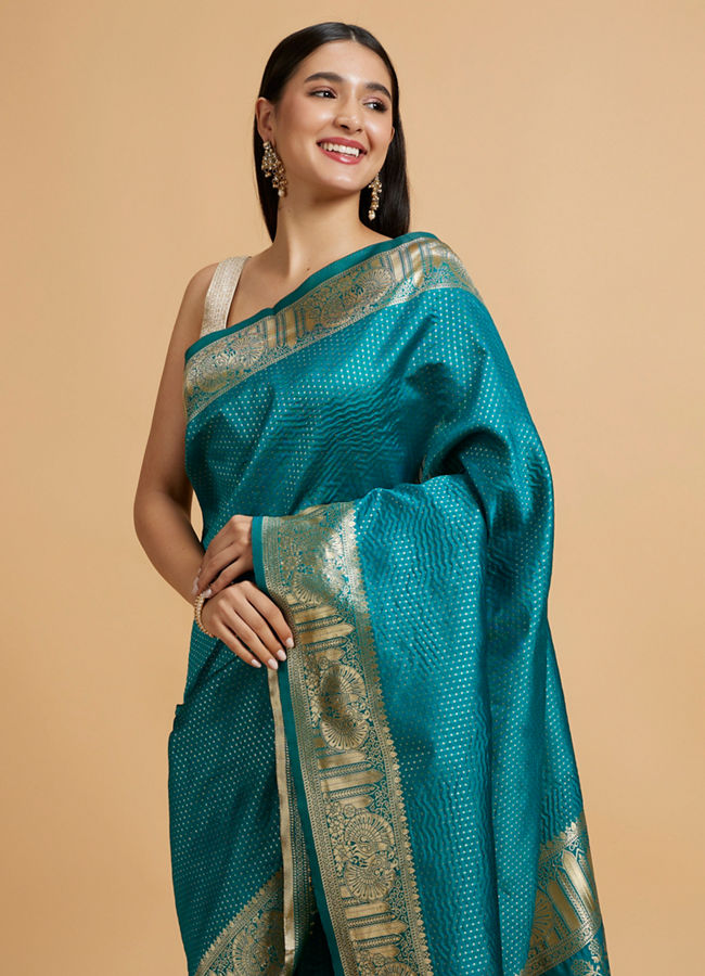 Mohey Women Rama Green Dotted Patterned Saree with Peacock Zari Motifs on the Border