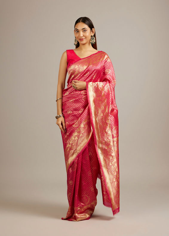 Mohey Women Rani Pink Floral Buta Patterned Saree with Intricate Bel Buti Borders