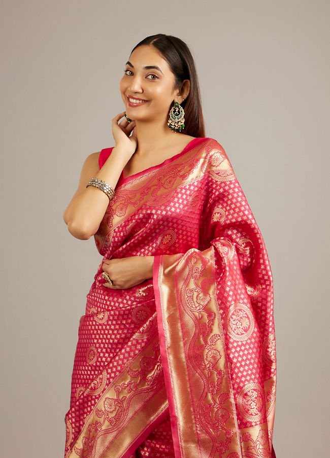 Mohey Women Rani Pink Floral Buta Patterned Saree with Intricate Bel Buti Borders