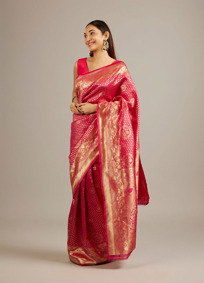 Mohey Women Rani Pink Floral Buta Patterned Saree with Intricate Bel Buti Borders