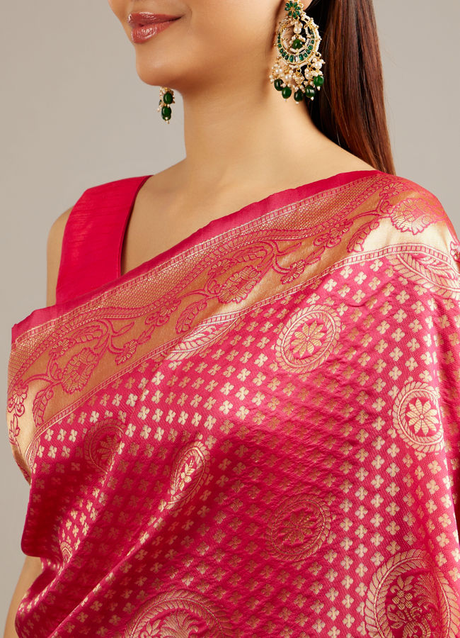 Mohey Women Rani Pink Floral Buta Patterned Saree with Intricate Bel Buti Borders